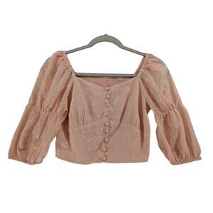 Milk Crop Top XS Peach‎ Floral Buttons Smocked Lined Off Shoulder Puffed Sleeves
